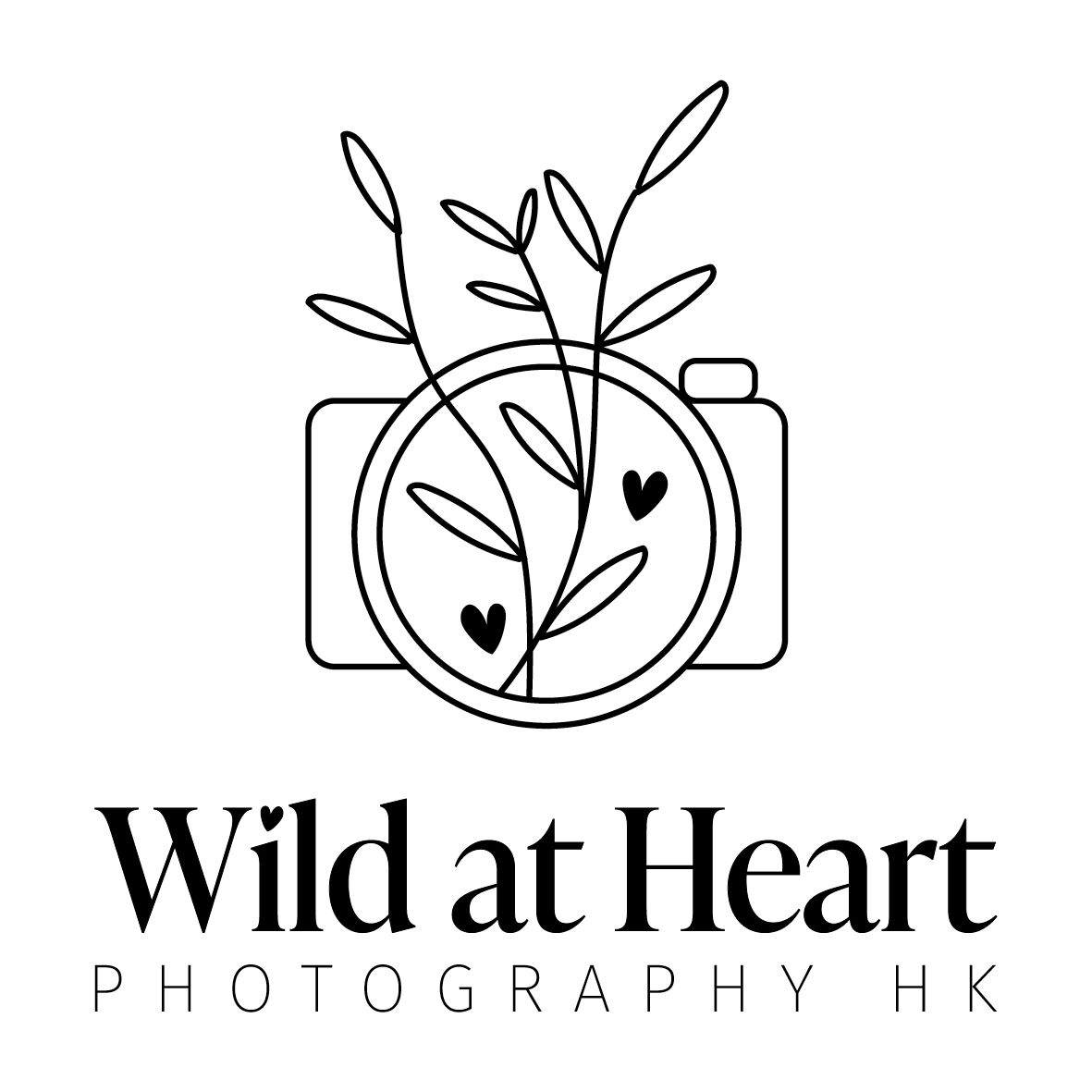 Line art logo of Wild at Heart Photography HK featuring a camera with botanical leaves and heart details.