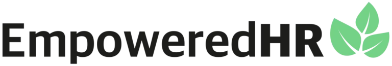 EmpoweredHR company logo featuring bold black text with two green leaf icons symbolizing growth and sustainability.