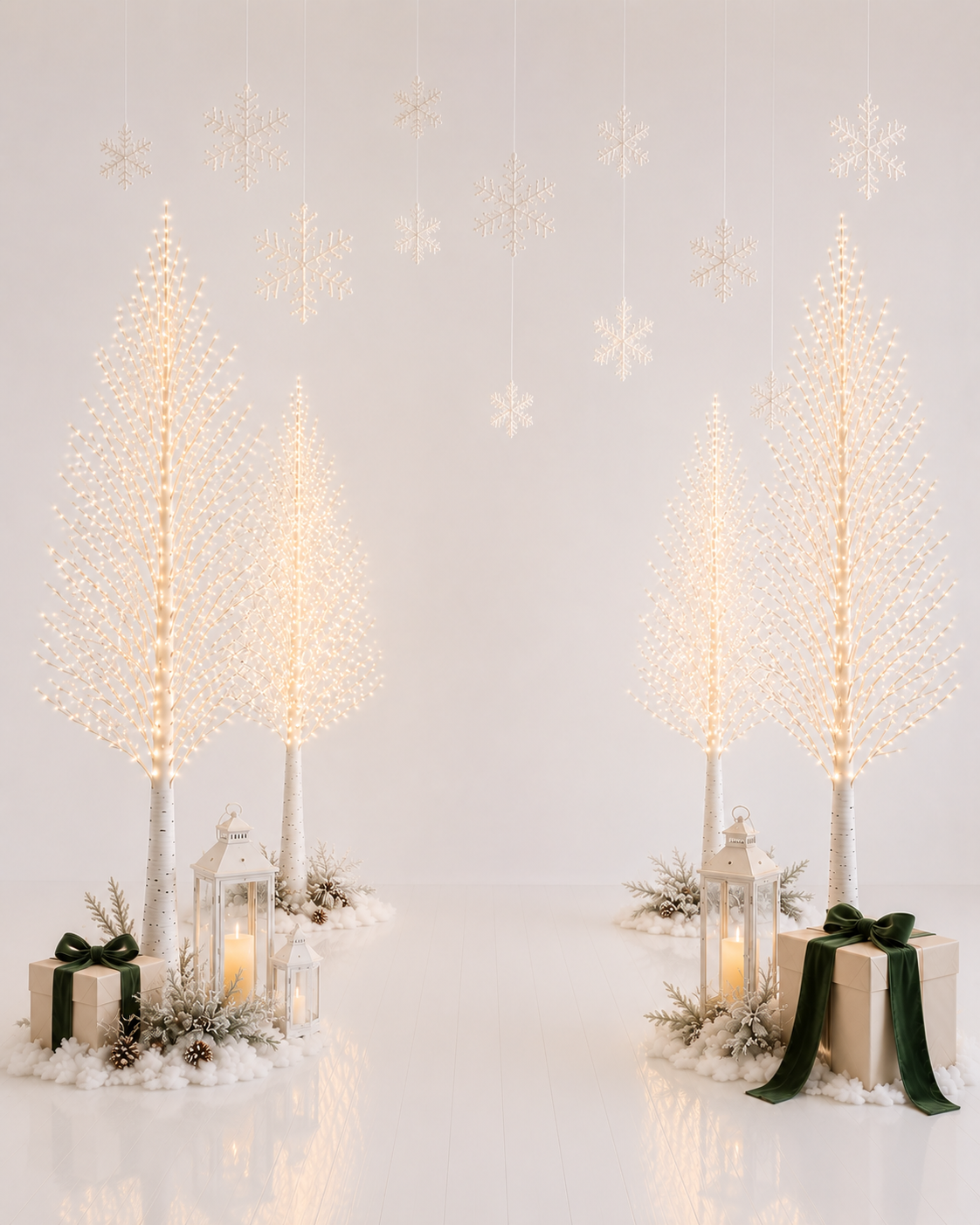Two glowing white Christmas trees flanked by candles, gifts, and hanging snowflakes on a bright white holiday backdrop.