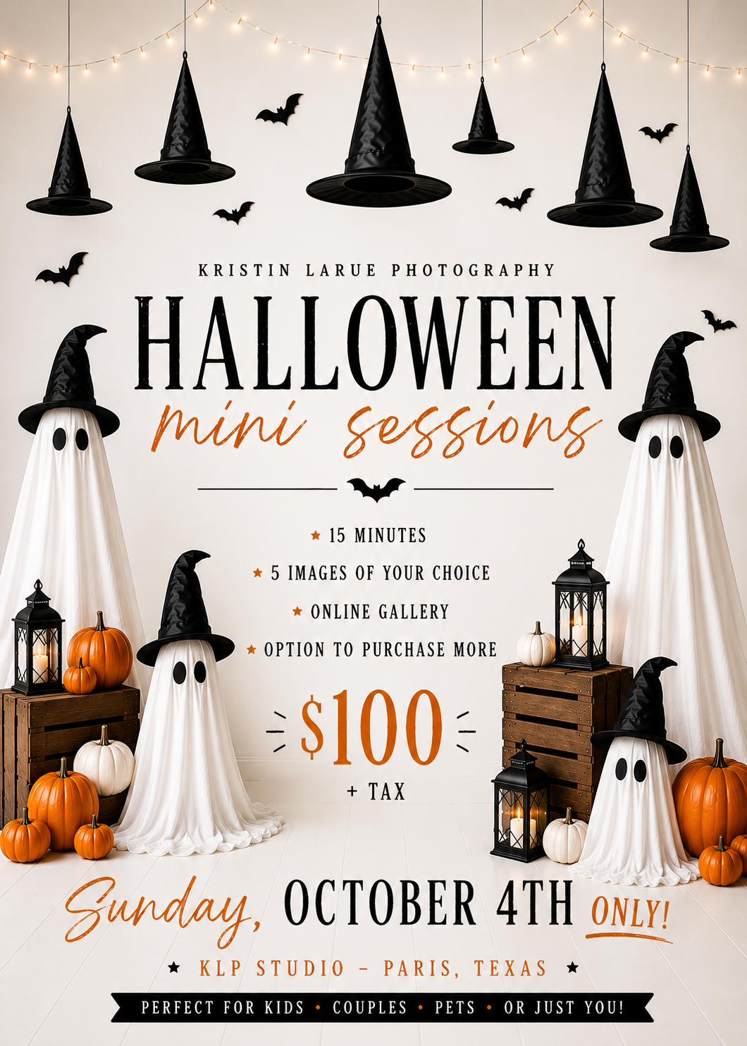 Halloween mini sessions flyer for Kristin LaRue Photography featuring ghost decorations, witch hats, and pumpkins, $100, October 4th, Paris 