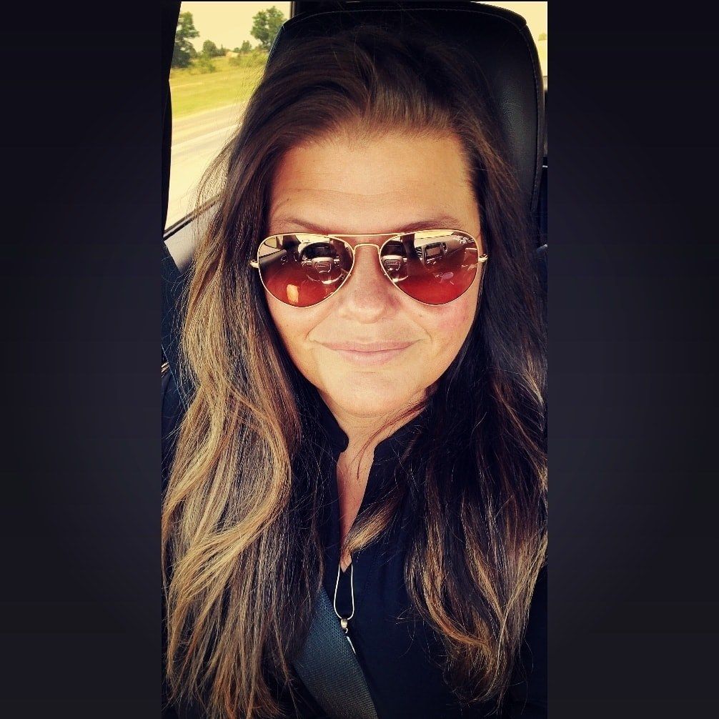 A series of selfie photos showing someone with dark hair and sunglasses smiling at the camera.