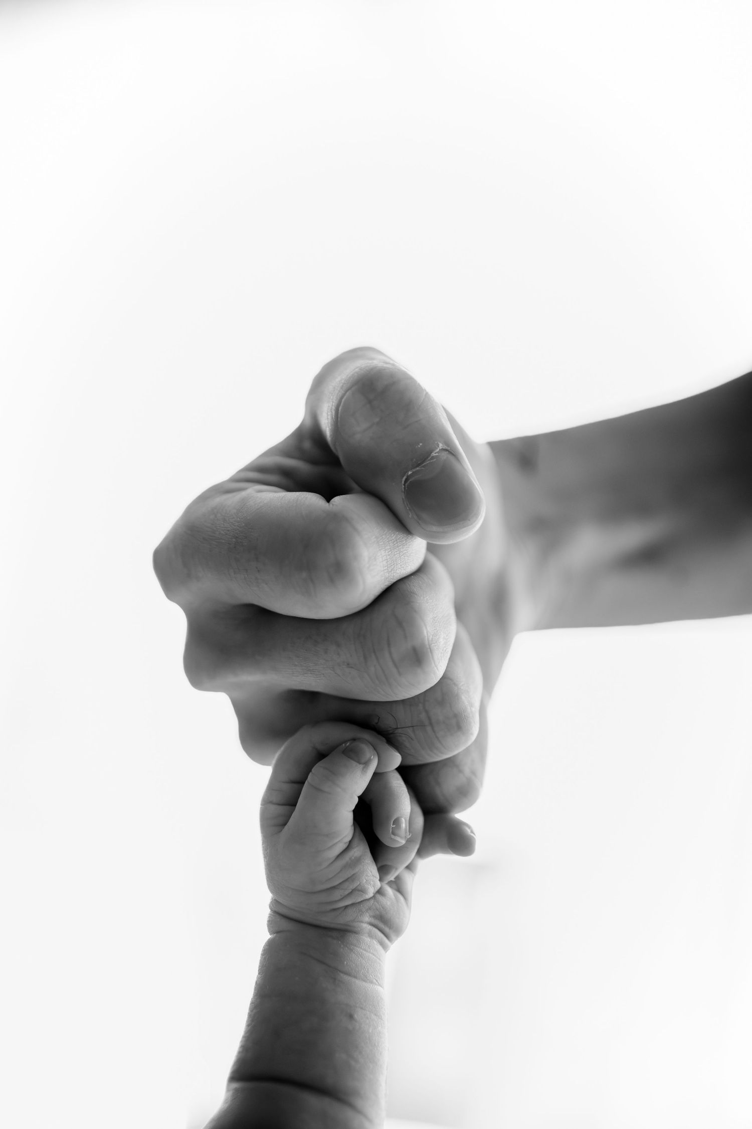 Black and white photo of an adult hand gently holding a tiny newborn baby's fist, symbolizing love and protection.