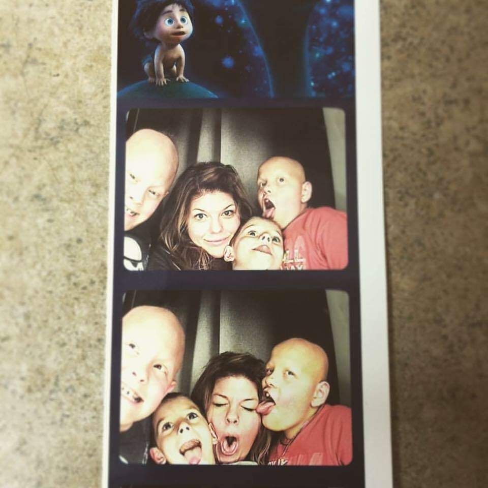A series of photo booth style snapshots showing playful expressions and poses against a dark background.