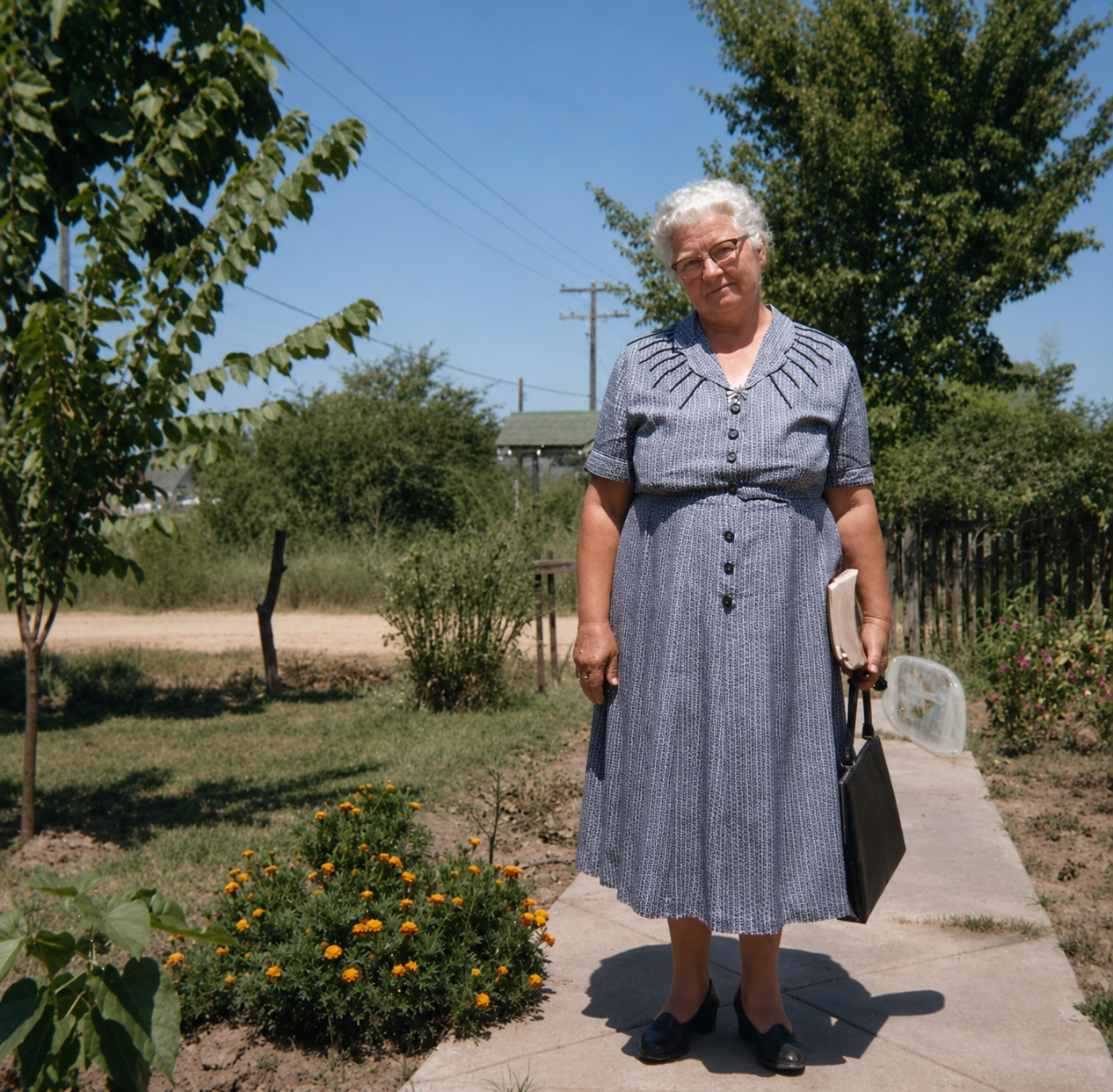 Elderly woman in blue dress holding black purse stands on garden path beside marigolds and trees on sunny day.