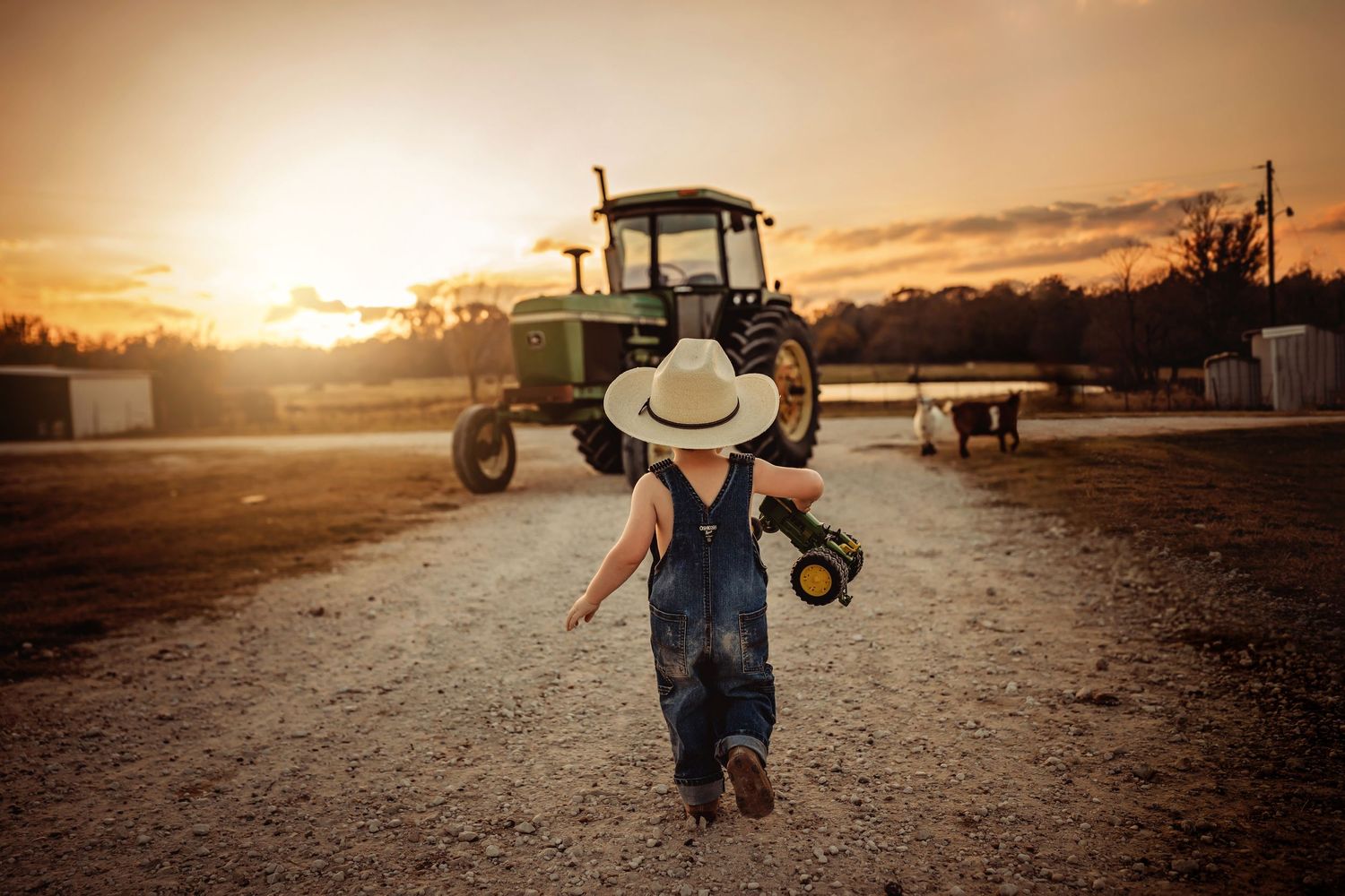 Child in overalls and cowboy hat walks toward a John Deere tractor at sunset on a farm.
