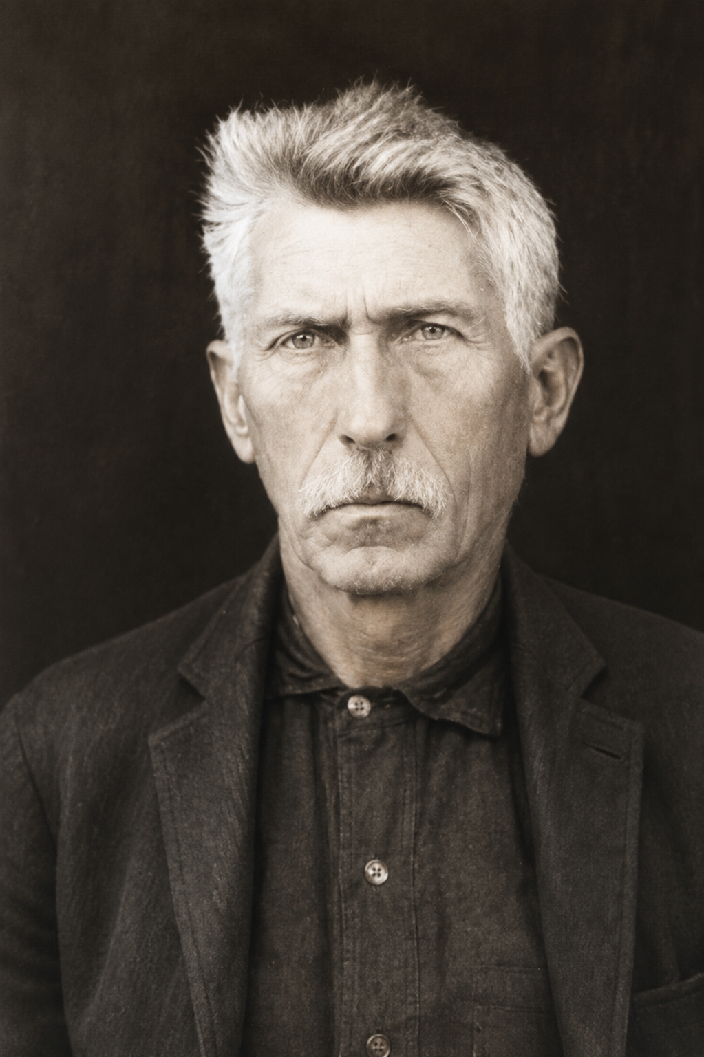 Vintage sepia portrait of an elderly man with white hair and mustache wearing a dark jacket, stern expression.