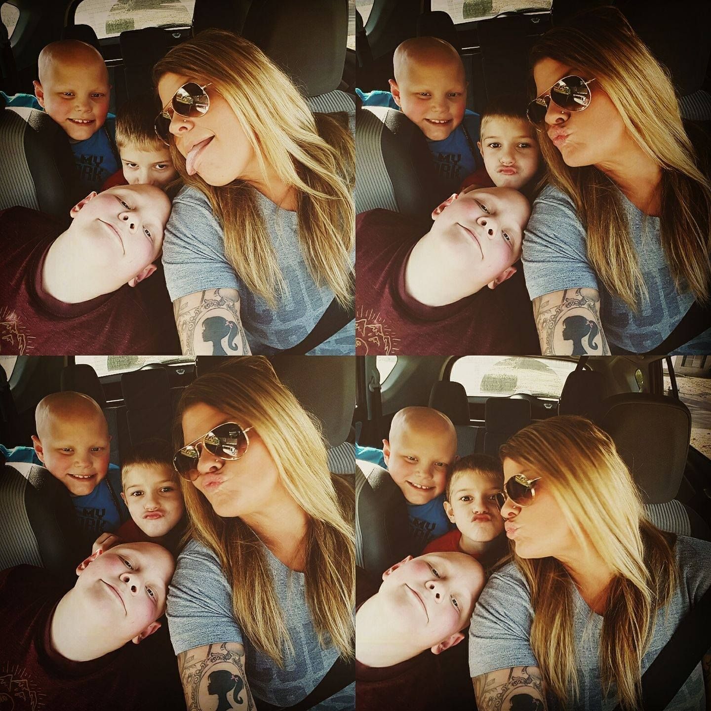 A collage of four similar selfie-style photos showing a playful family moment in a car.