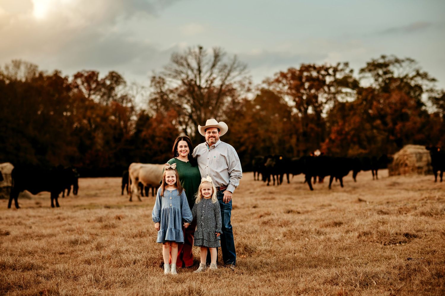 A series of warm-toned landscape photographs showing people gathered in an open field during golden hour in Bogata, Texas.