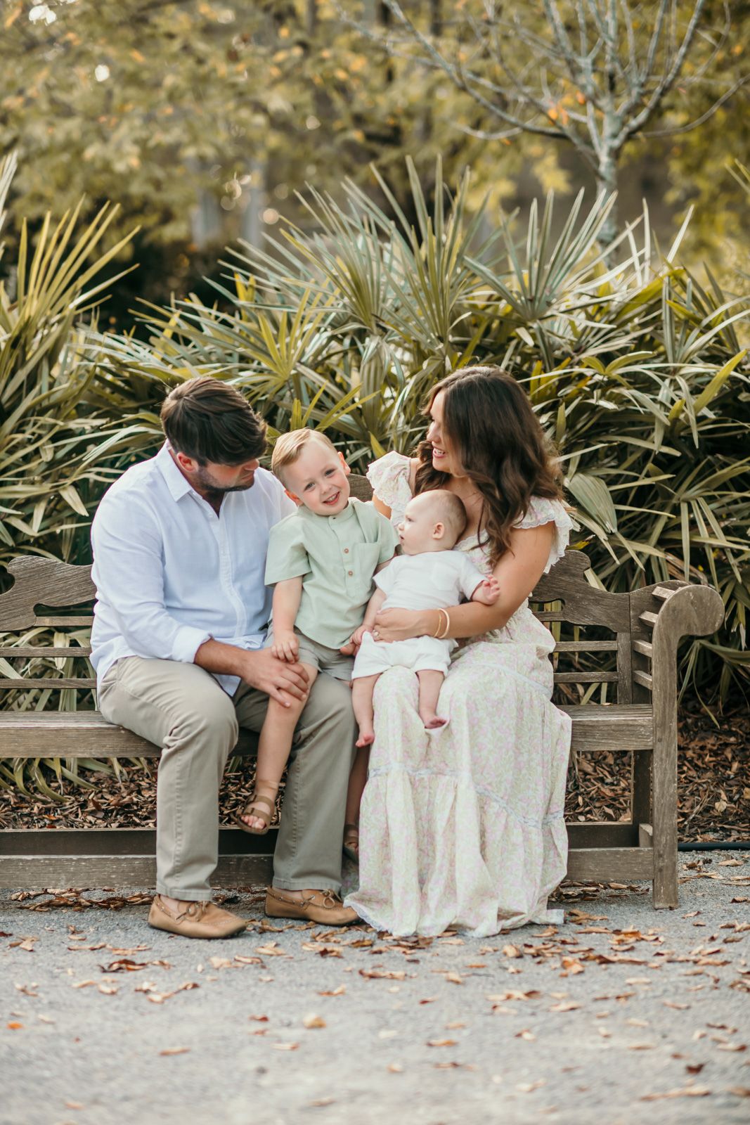 Family relaxes together on wooden bench surrounded by palm plants.