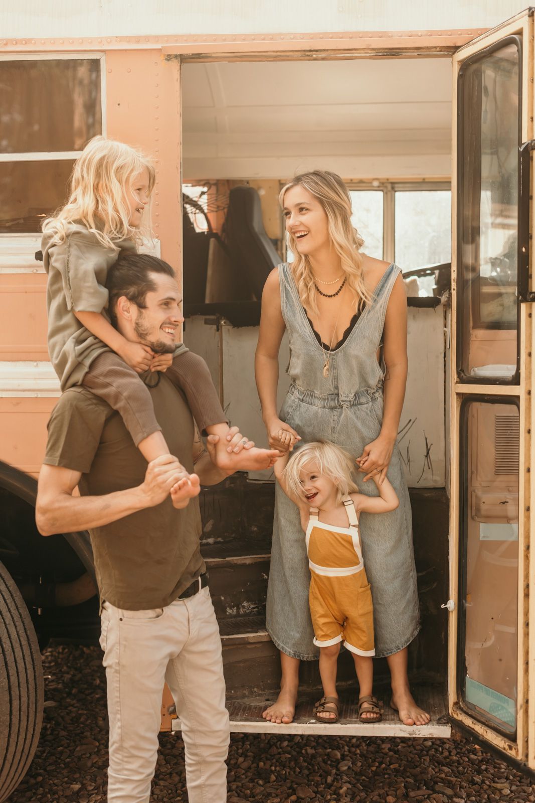 A series of candid moments showing a family playing and laughing together outside their home.