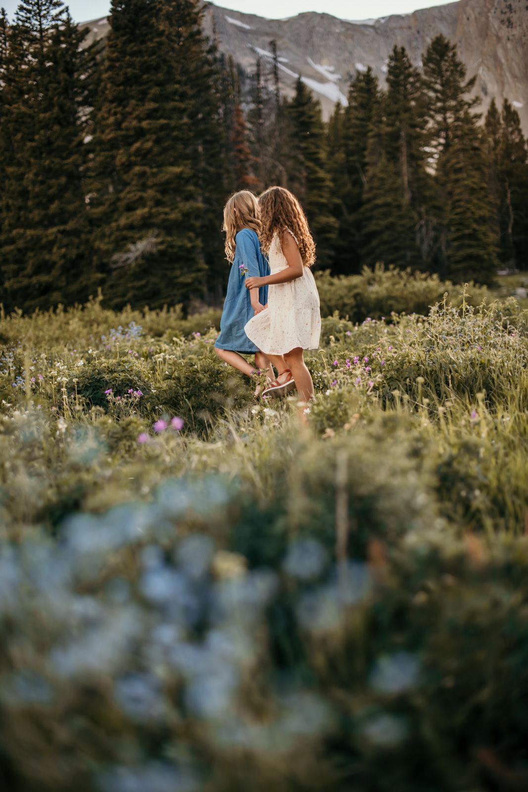 Two people embrace in a mountain meadow surrounded by wildflowers and evergreen trees with peaks in the distance.