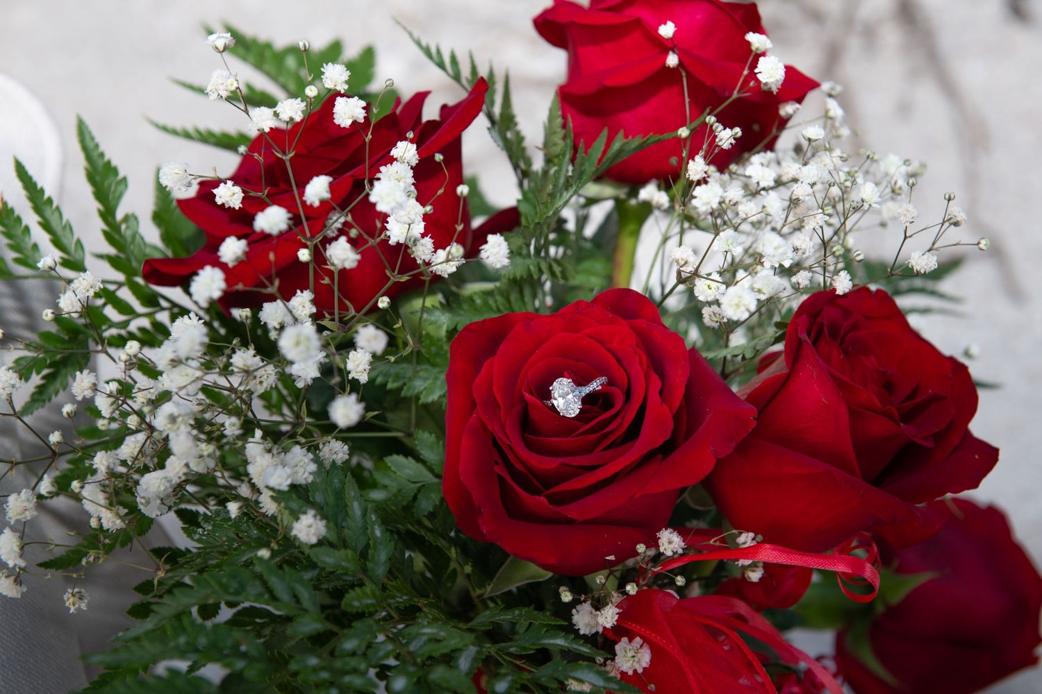 Fresh red roses arranged with delicate baby's breath and green ferns in a romantic floral display.