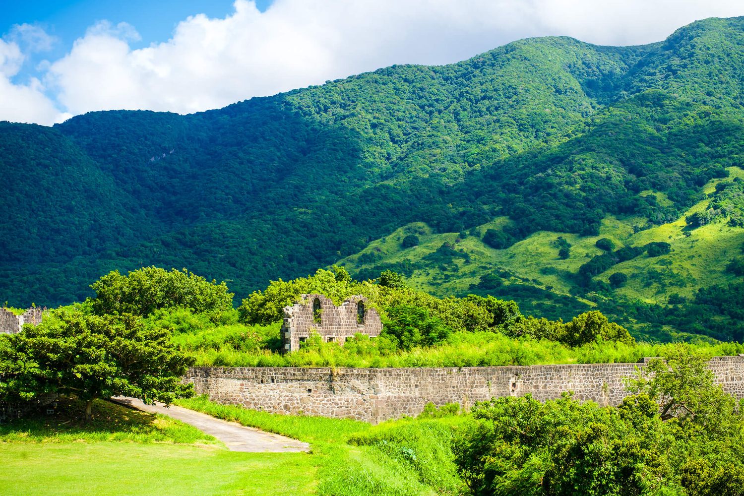 Ancient stone walls of Nakijin Castle ruins stretch across lush green hills under blue skies in Okinawa, Japan.