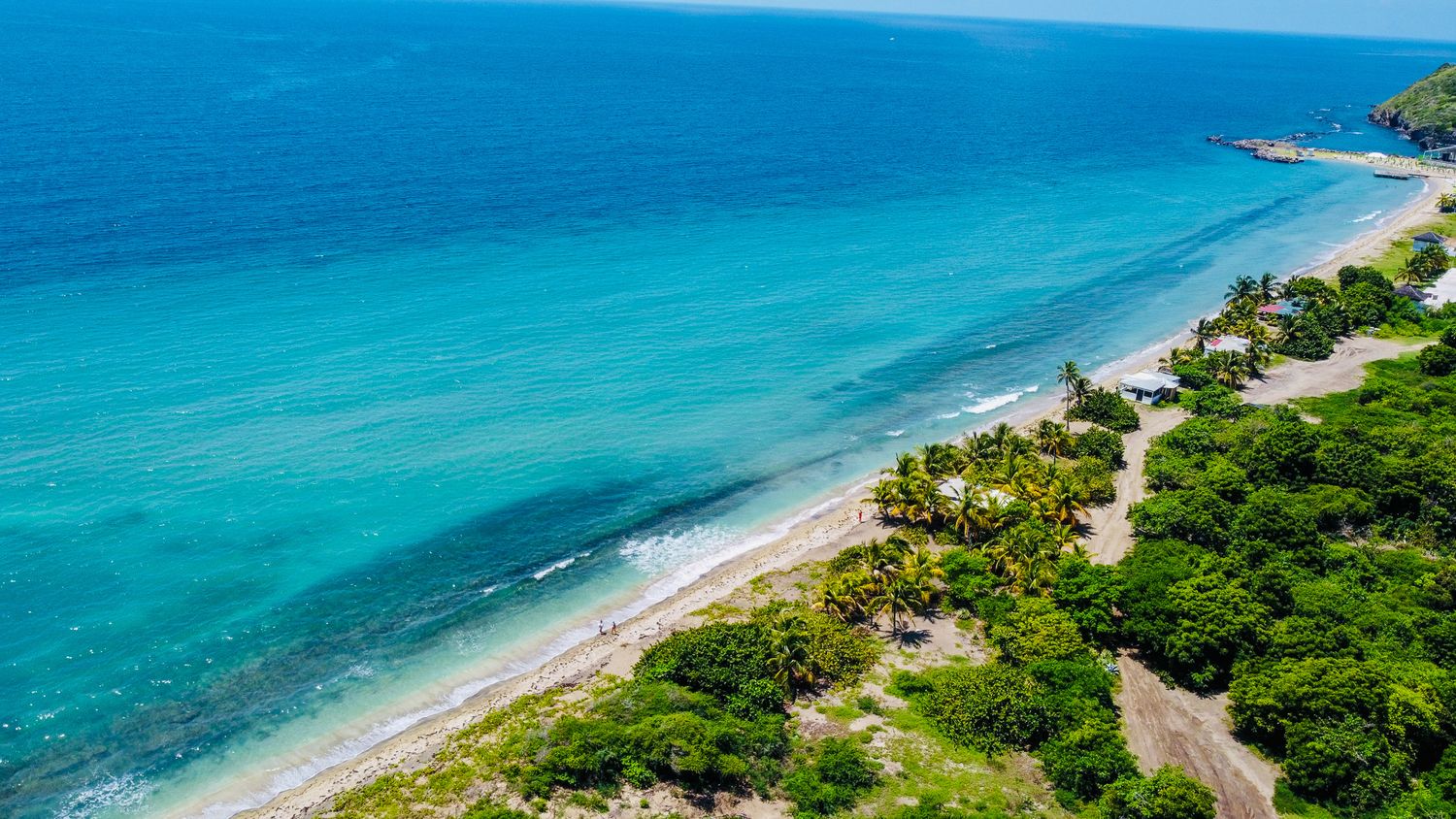 Panoramic aerial view of a turquoise coastline with lush green vegetation and winding coastal road along the beach.