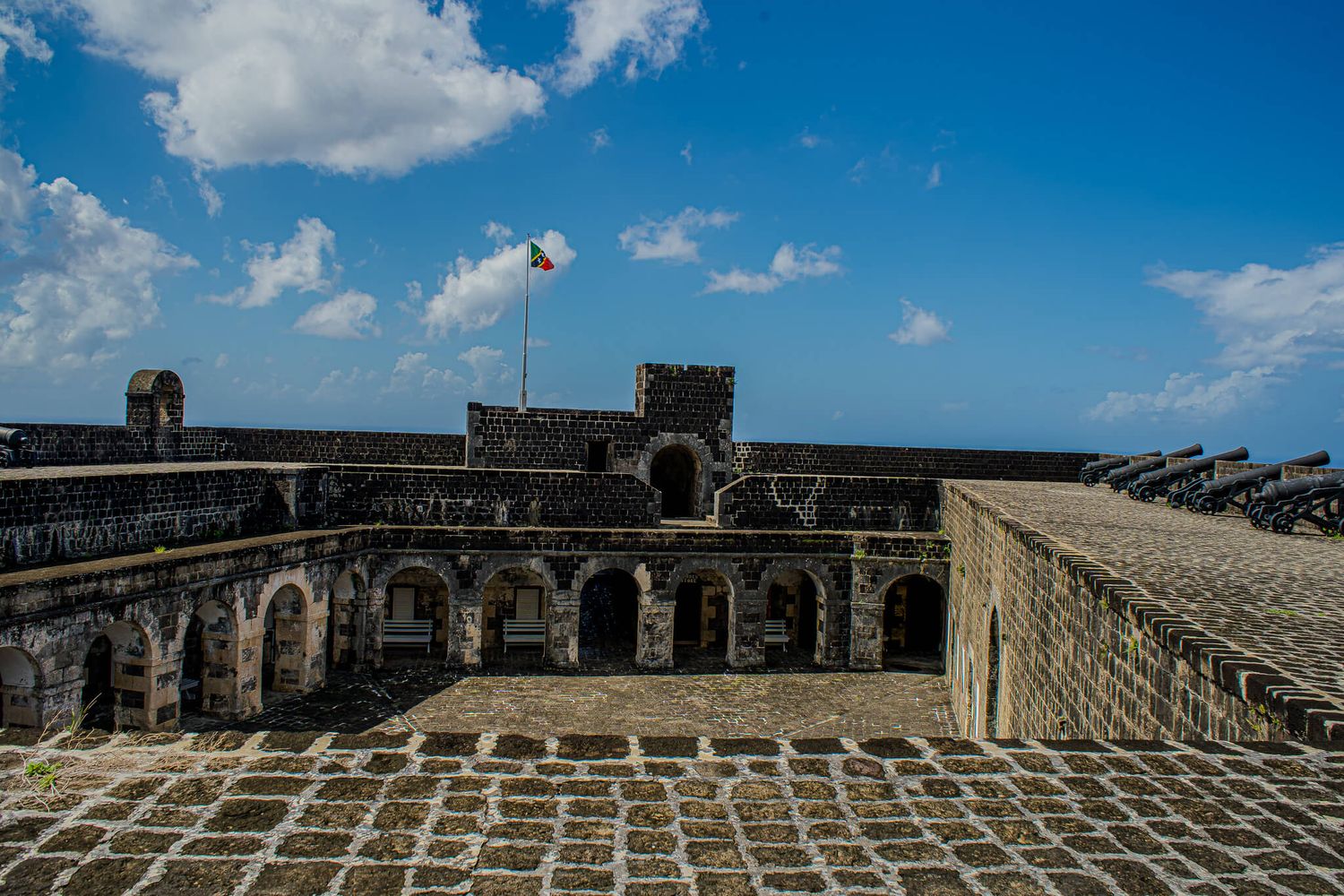 Historic stone fortress walls and battlements stretch across the panoramic view under a bright blue sky with white clouds.