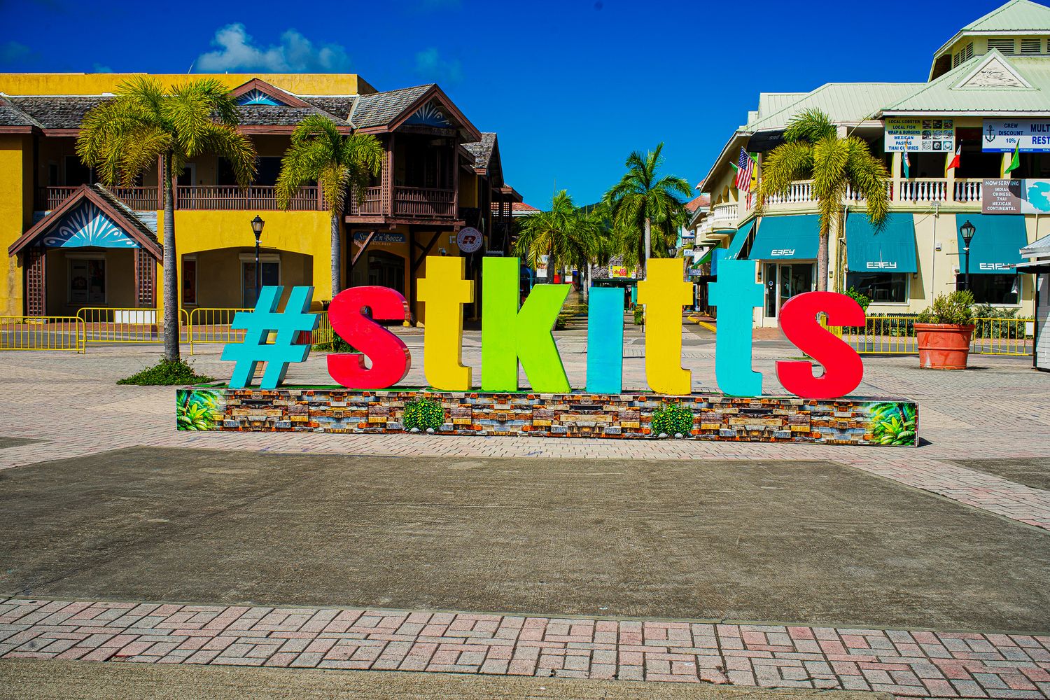 St. Kitts sign at Port Zante in Basseterre. Stop here on the best St. Kitts Tours with St. Kitts Cruise Photography.