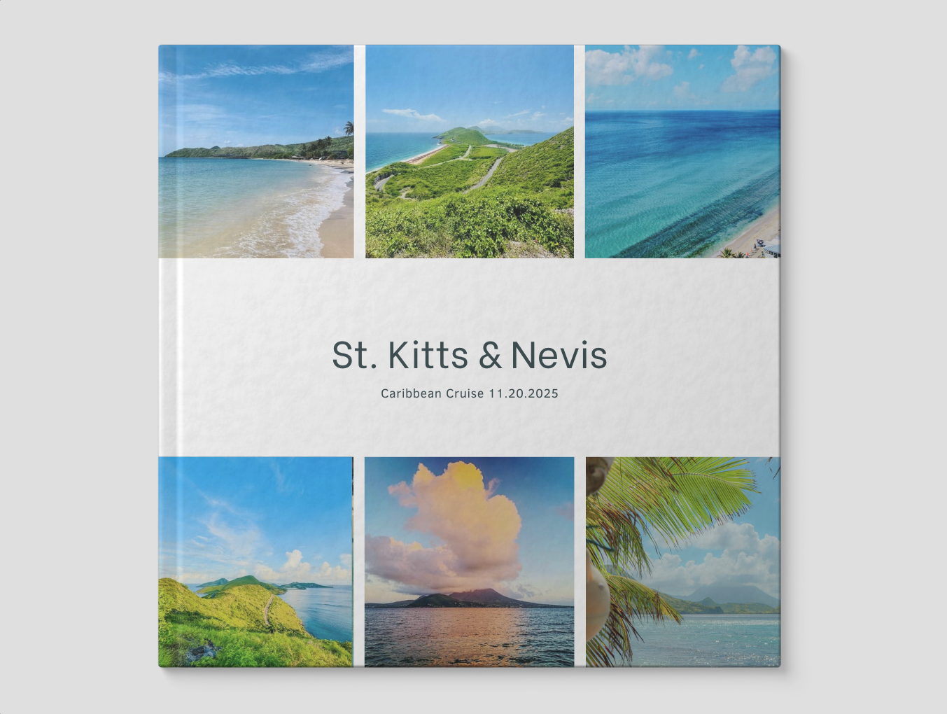 Grid layout of scenic Caribbean island photography showcasing beaches and mountains.