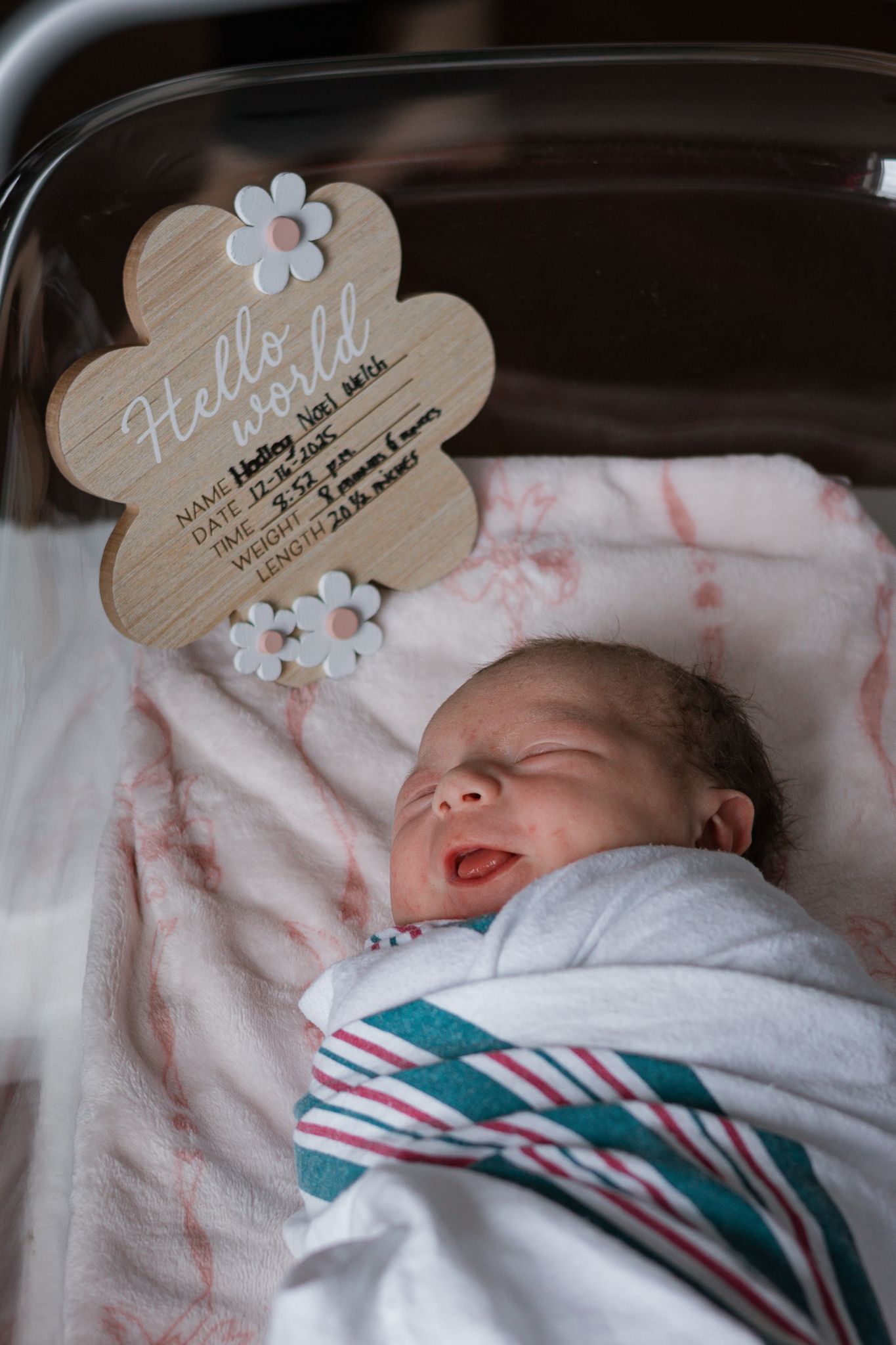 A sleeping newborn baby lies on pink bedding with wooden decorative name tags and floral accents.