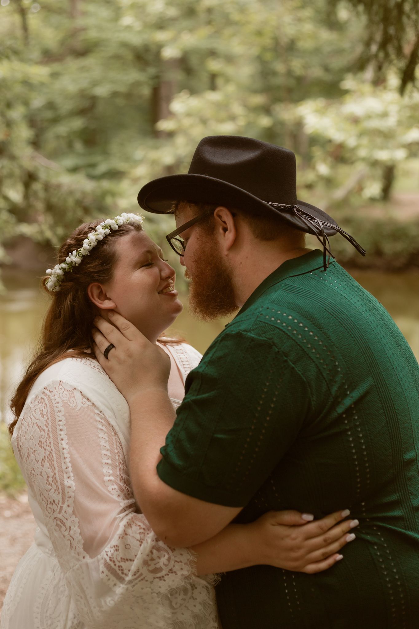 A romantic sequence of wedding photos showing a couple in an outdoor setting sharing intimate moments together.