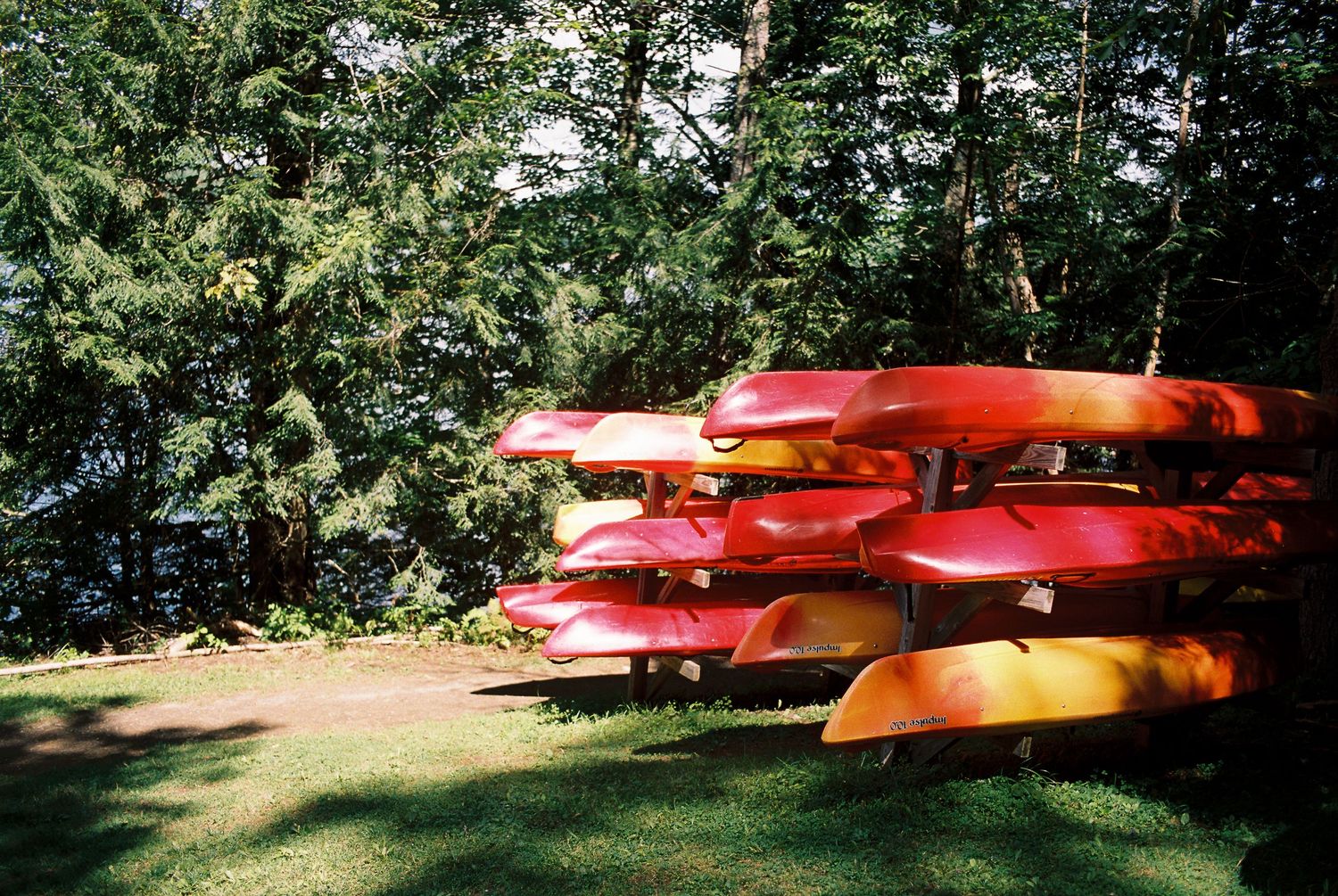 Colorful red and yellow kayaks stacked on a rack near a lakeshore surrounded by green trees.