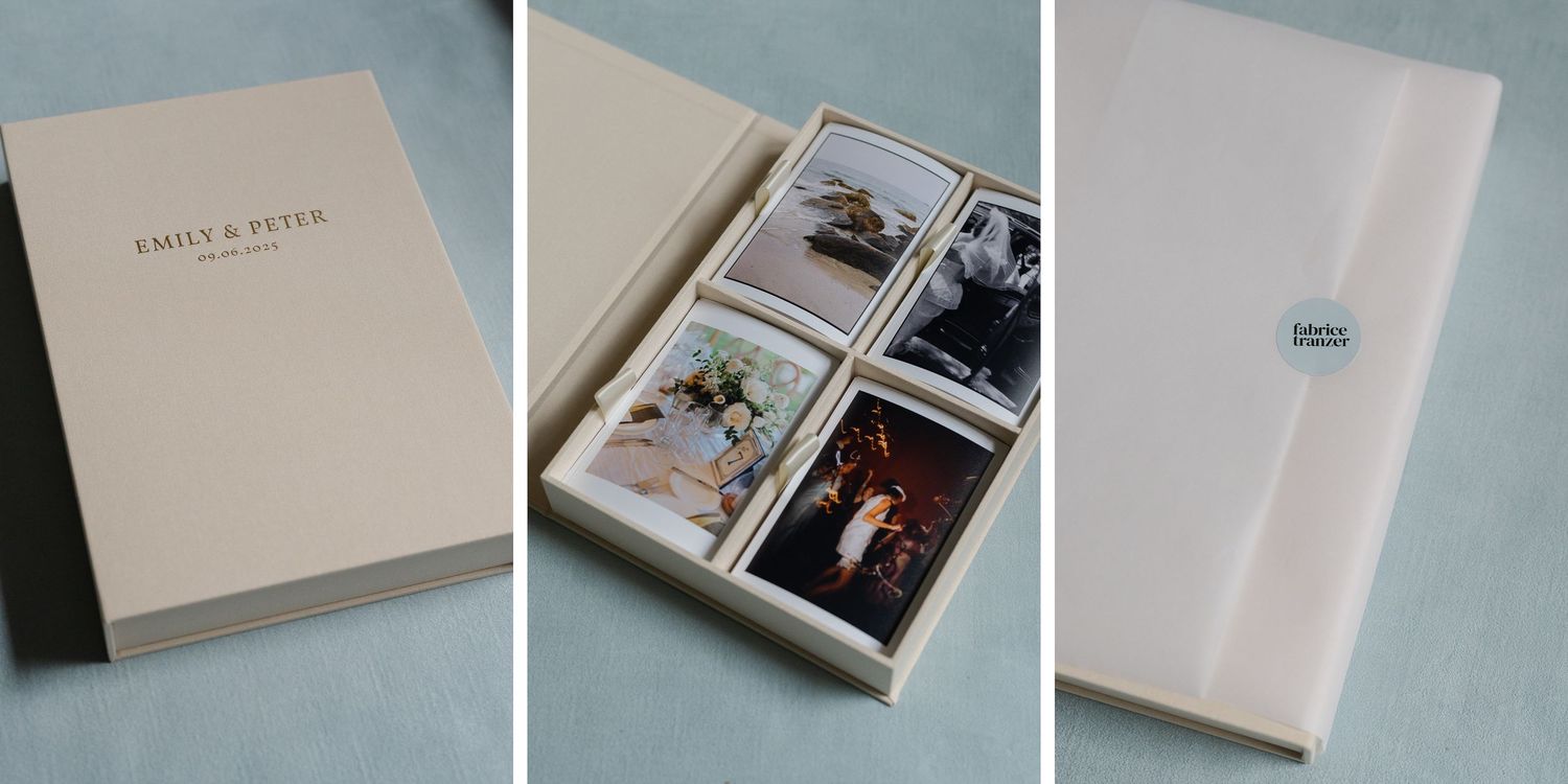 Cream keepsake wedding photo box for Emily and Peter with printed photographs neatly organized inside.