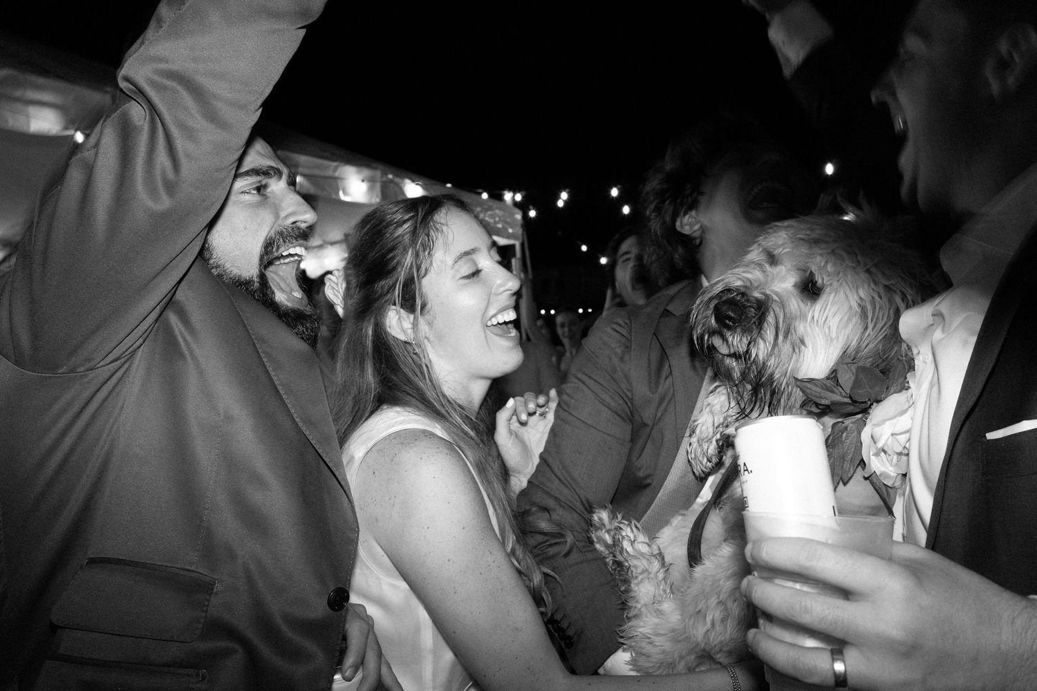 Bride laughing with guests and a fluffy dog during lively outdoor wedding reception under string lights.