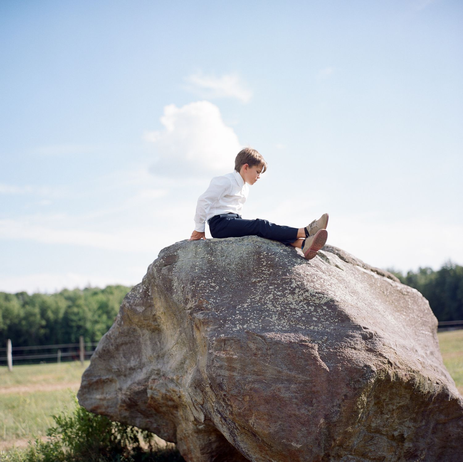 Young boy in white shirt sitting atop large boulder in sunny open field at outdoor wedding.