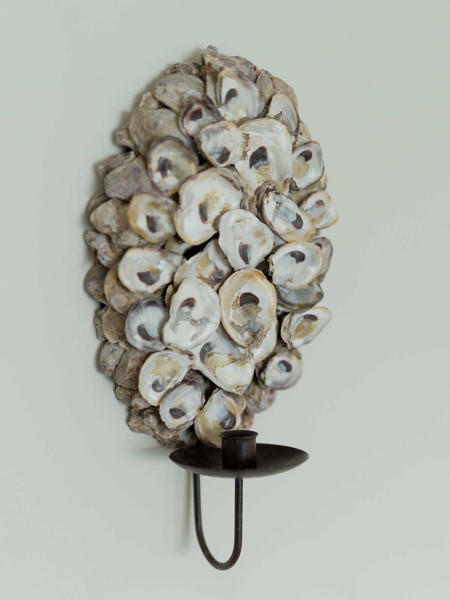 Decorative wall sconce made from oyster shells with iron candle holder on white wall.