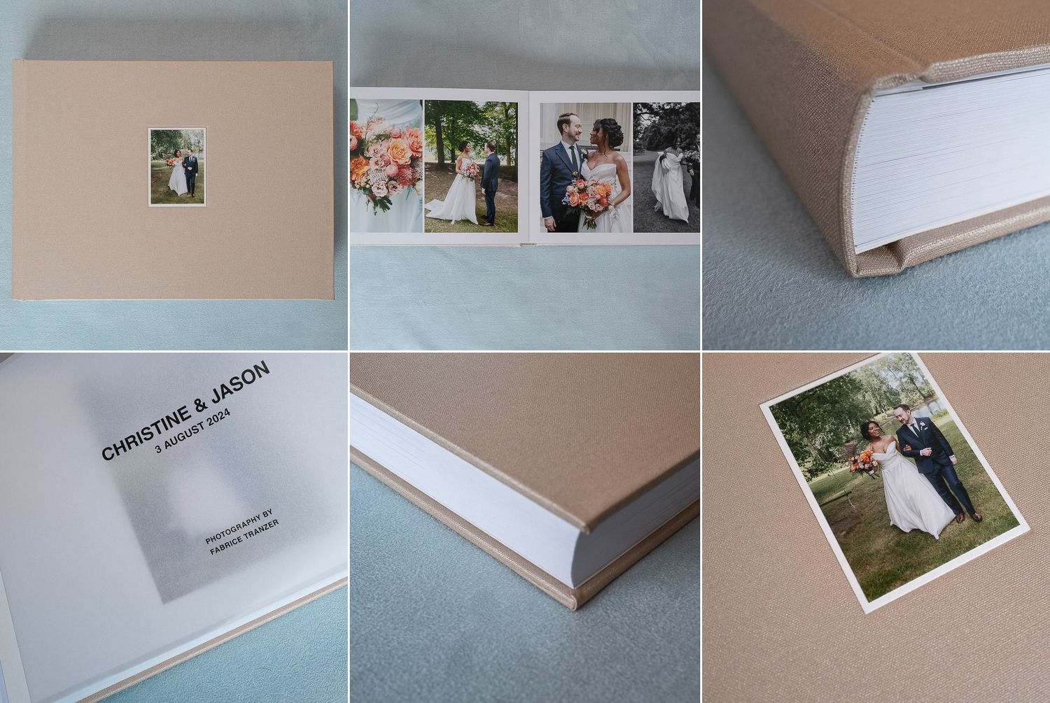 Elegant wedding photo album with kraft cover featuring couple portraits, personalized with Christine & Jason name embossing.