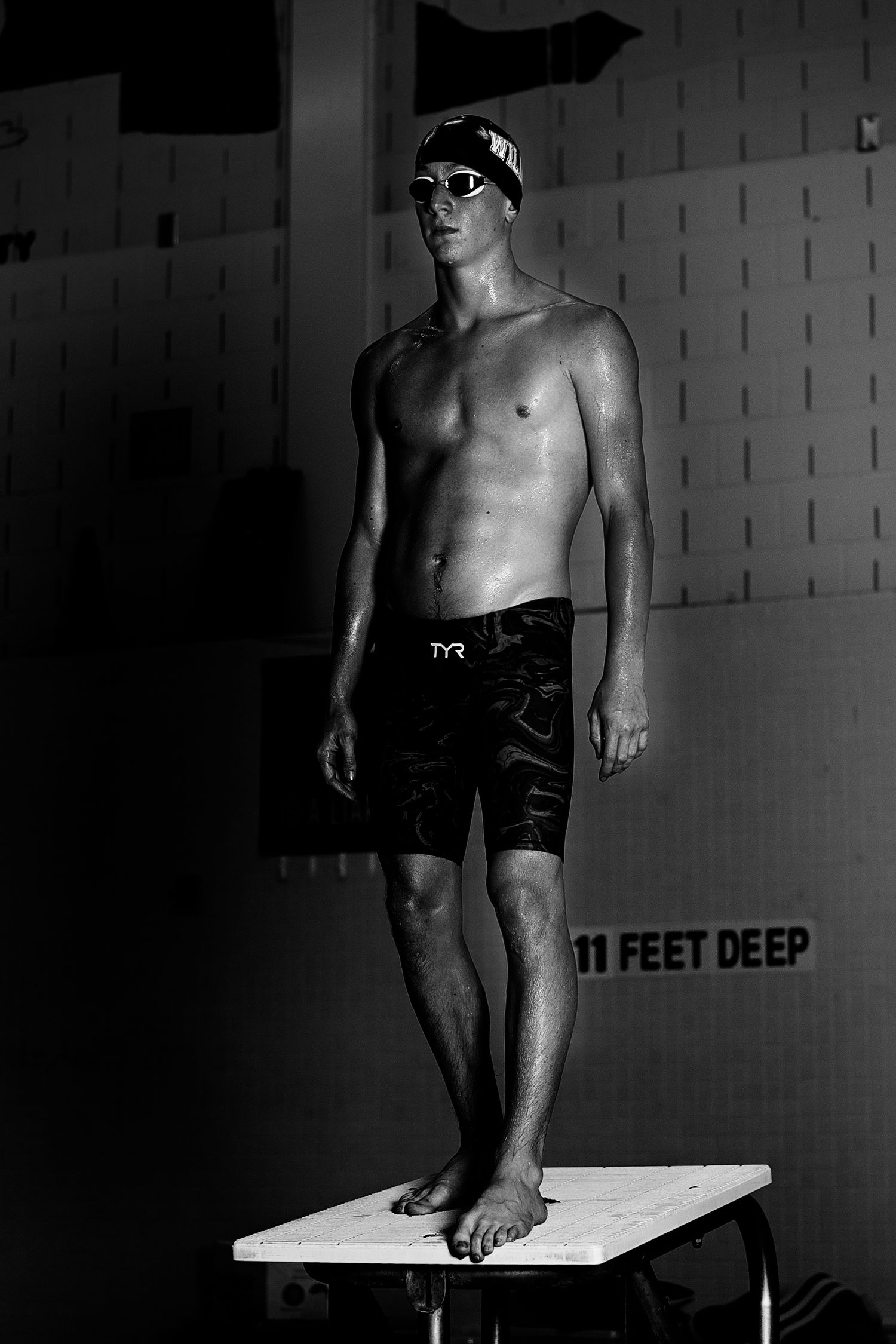black and white swimmer diver senior portrait in broome county ny