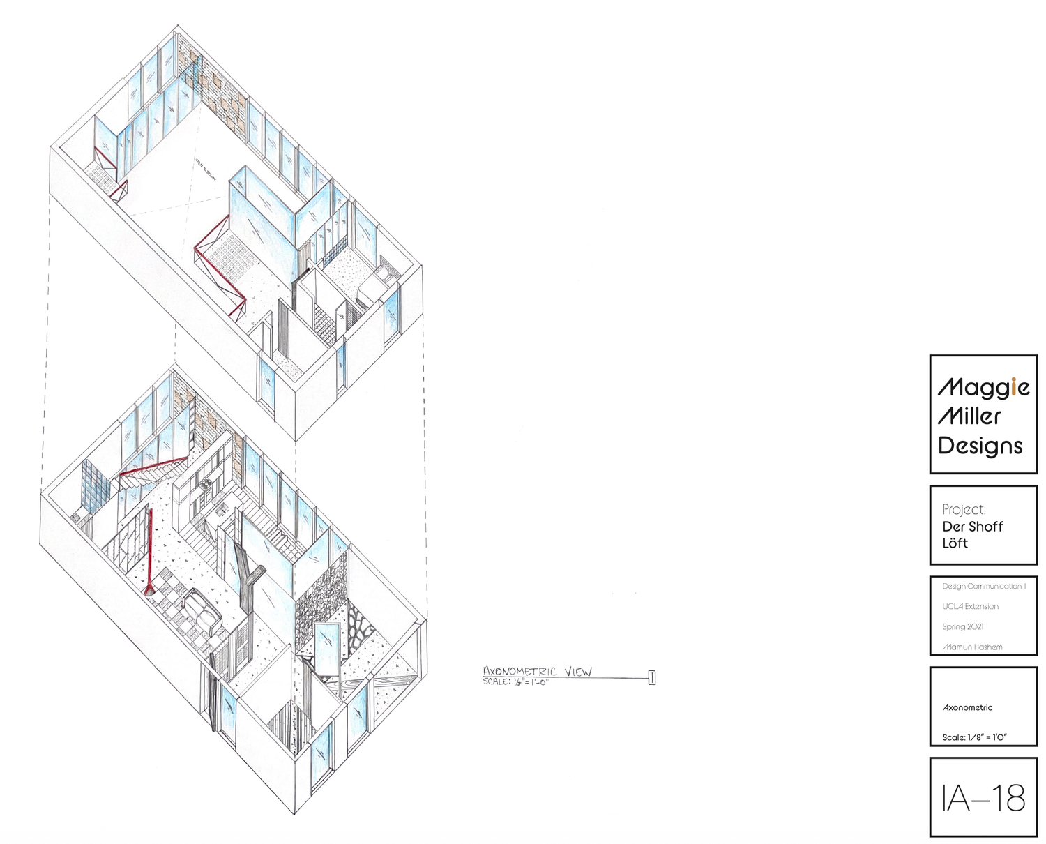 Isometric architectural floor plan drawing by Maggie Miller Designs showing a two-level loft layout with detailed interior design elements.