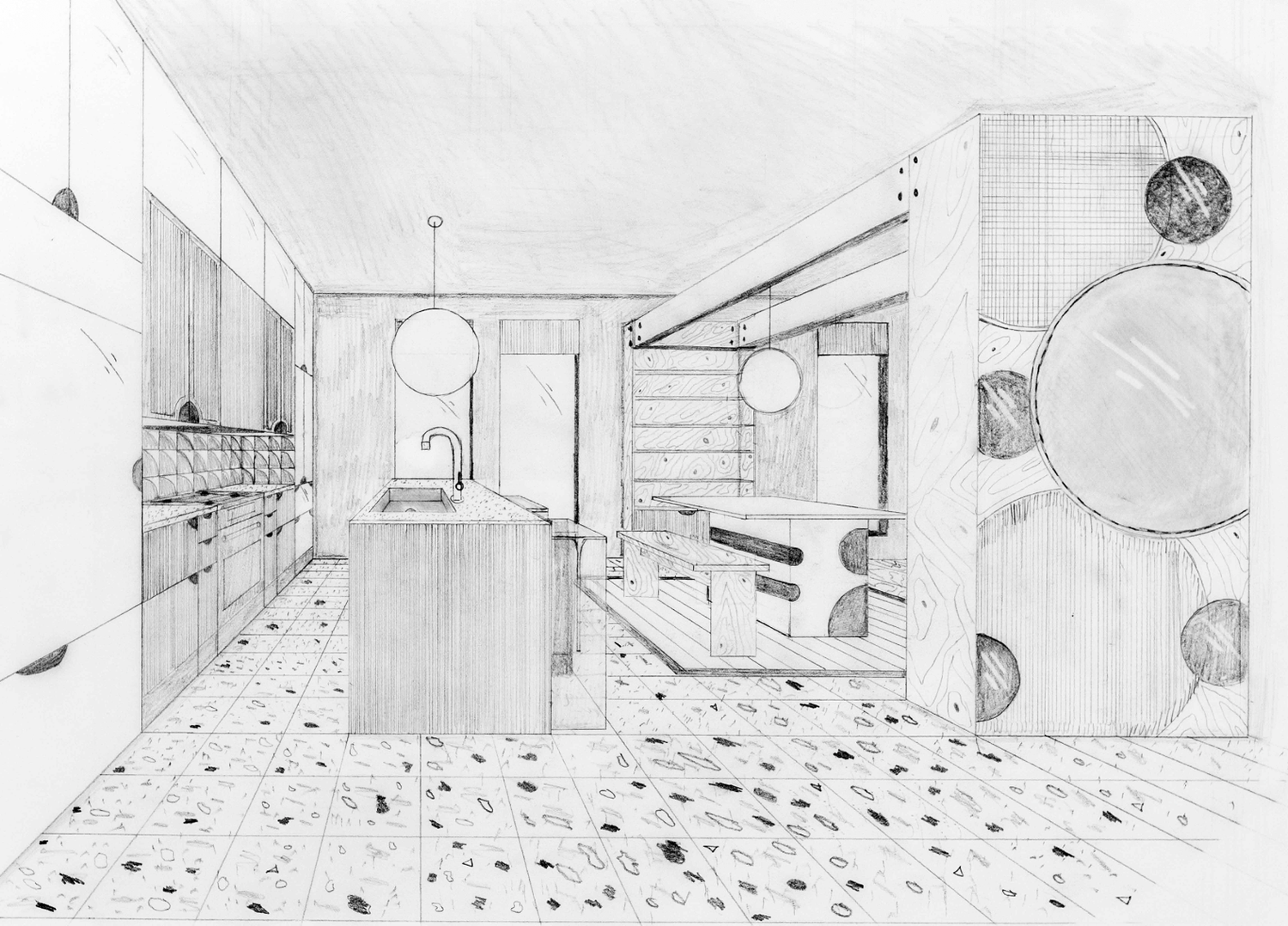 Pencil sketch of a modern kitchen interior with island, pendant lights, and terrazzo flooring in one-point perspective.