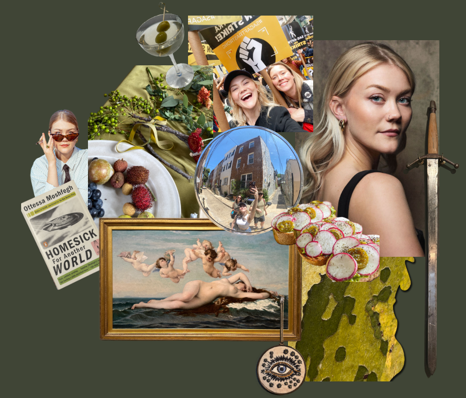 A collage featuring a blonde woman with a sword, classic artwork, friends laughing, a city street, and a book titled Homesick for the World.