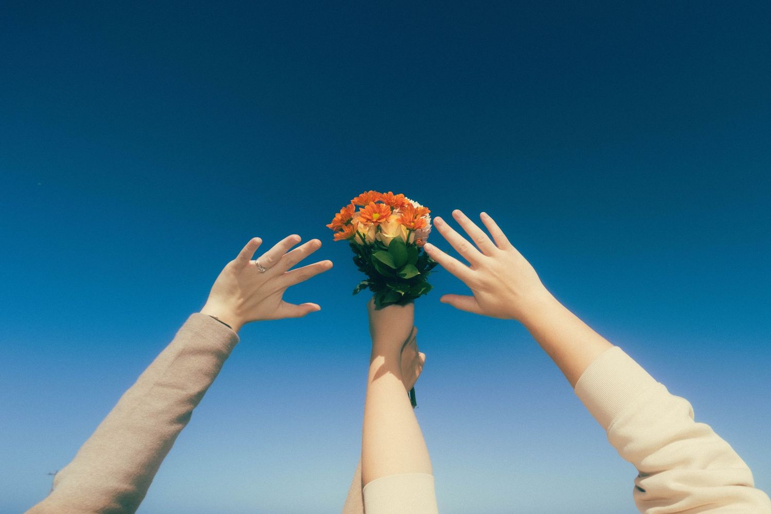 Two hands reaching up toward a bouquet of orange roses against a clear blue sky.