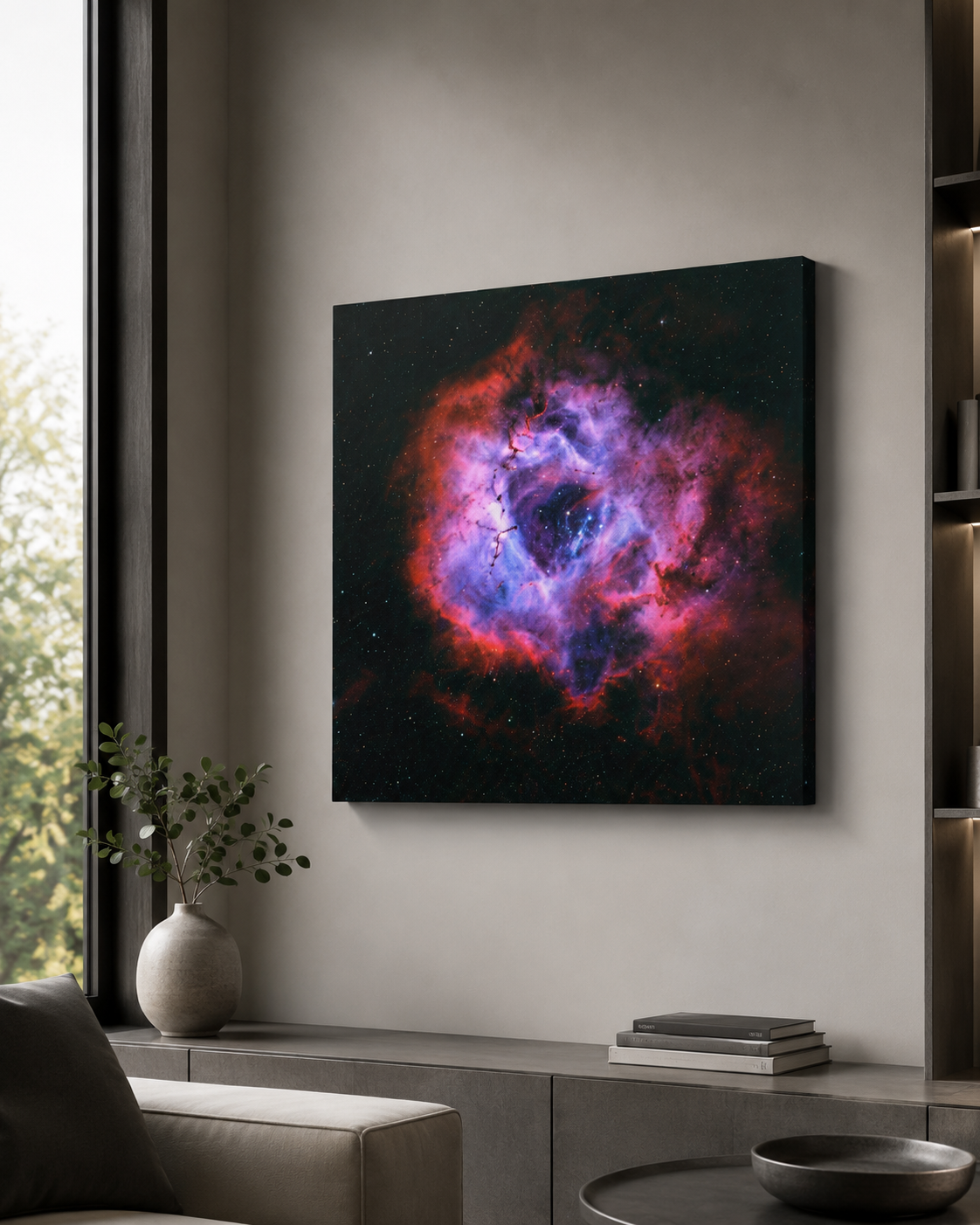 Canvas wall art featuring a vibrant nebula with red and purple cosmic clouds against a dark starry background.