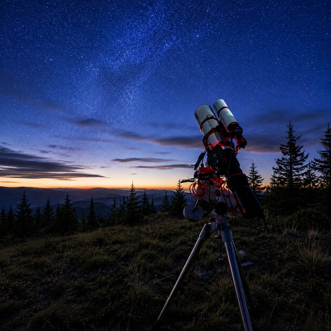 Telescope on tripod atop a hill under a stunning starry night sky with Milky Way and colorful twilight horizon.