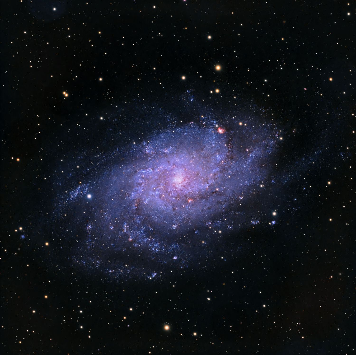 Stunning spiral galaxy with blue and pink hues swirling against a dark star-filled sky in deep space.