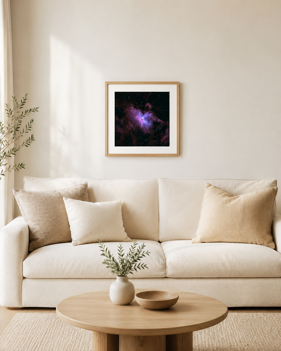Framed purple nebula galaxy art print hanging above a cream sofa in a minimalist living room with neutral tones.