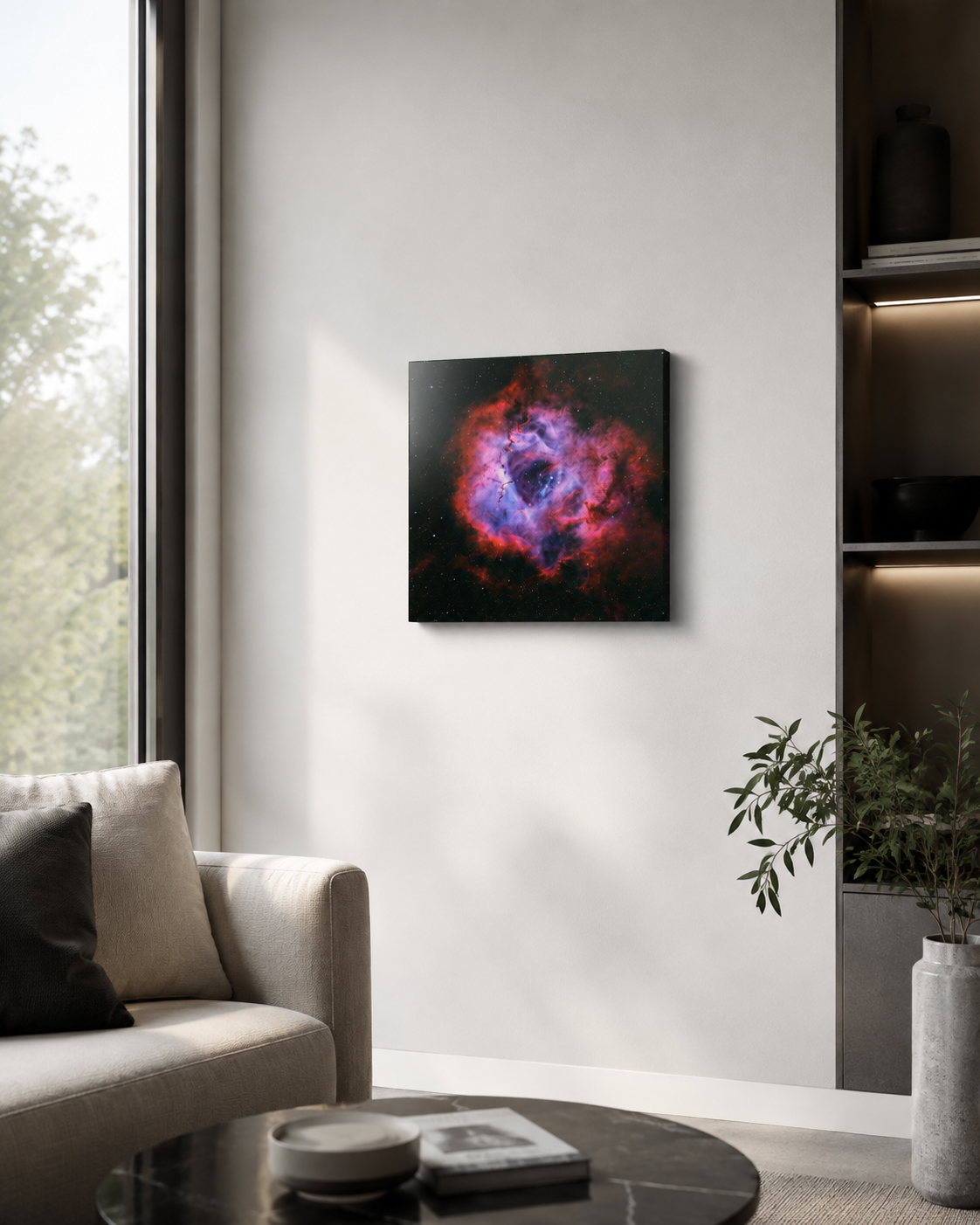 Canvas wall art of a vibrant nebula with red and blue hues displayed in a modern living room.