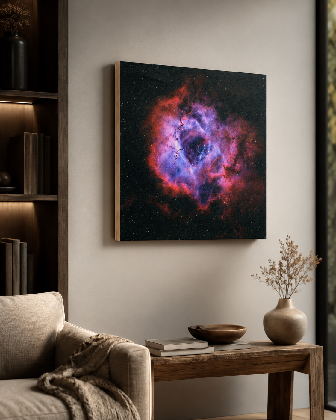 Vibrant nebula canvas wall art in red and purple hues displayed in a cozy living room above a rustic wooden side table.