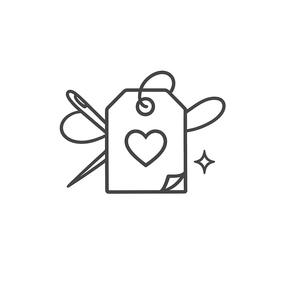 Line art icon of a gift tag with a heart, bow, needle, and sparkle, perfect for handmade or craft-related designs.