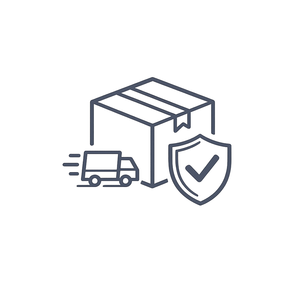 Line icon of a cardboard box with a delivery van and security shield with checkmark, representing safe shipping.
