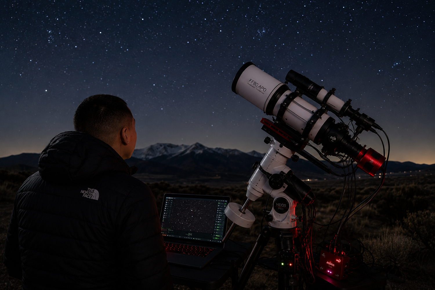 Astronomer using telescope and laptop under starry night sky with snow-capped mountains in background.