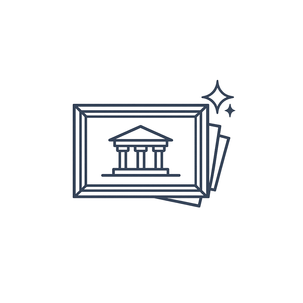 Line art icon of framed bank building artwork with sparkles, depicting financial or investment concept.