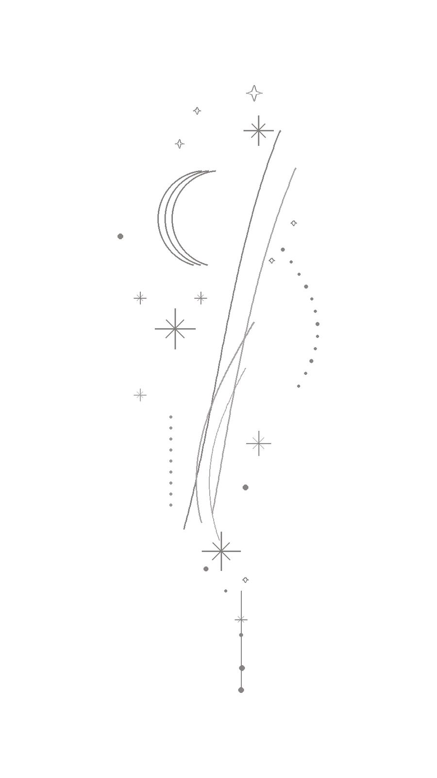 Minimalist celestial sketch featuring crescent moon, cross stars, dotted arc, and comet lines on white.