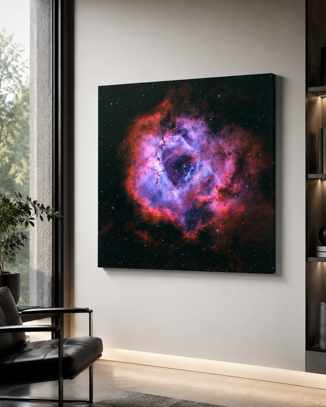 Canvas wall art of the Rosette Nebula with vivid red, purple, and blue cosmic clouds displayed in a modern living room.