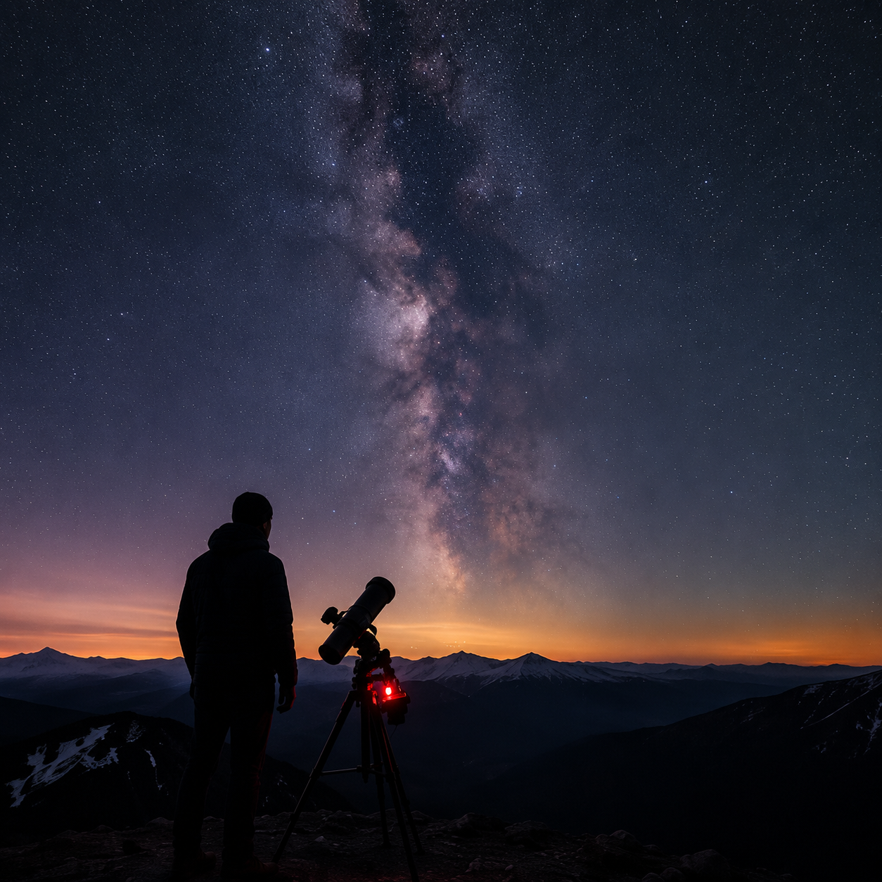 Silhouette of astronomer with telescope gazing at the Milky Way galaxy in a stunning starry night sky.