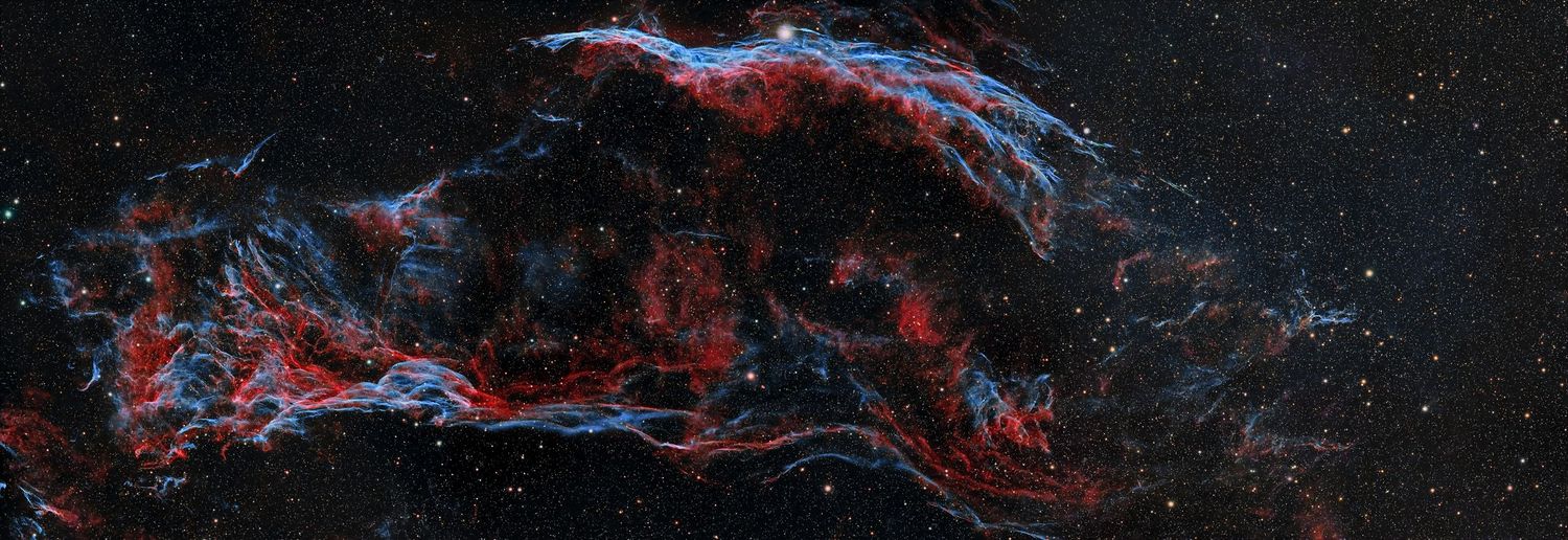 Vibrant Veil Nebula supernova remnant in deep space, featuring red and blue filaments against a dark star-filled sky.