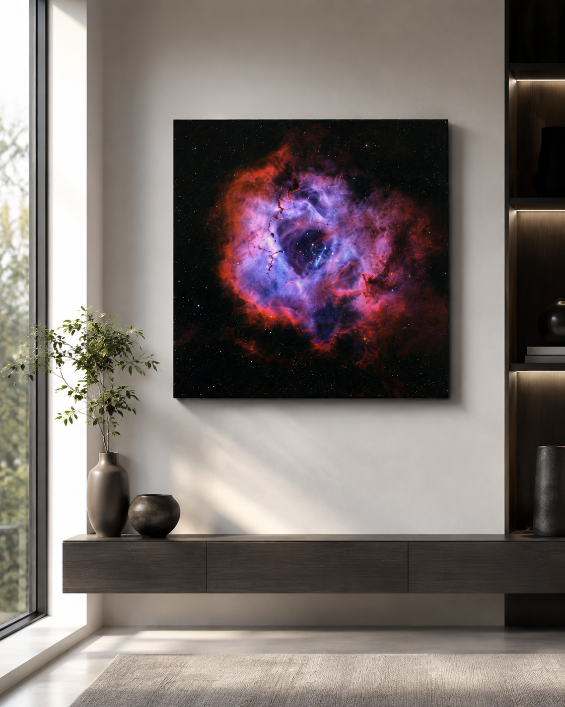 Canvas wall art featuring a vibrant Rosette Nebula with red and purple hues displayed in a modern living room.