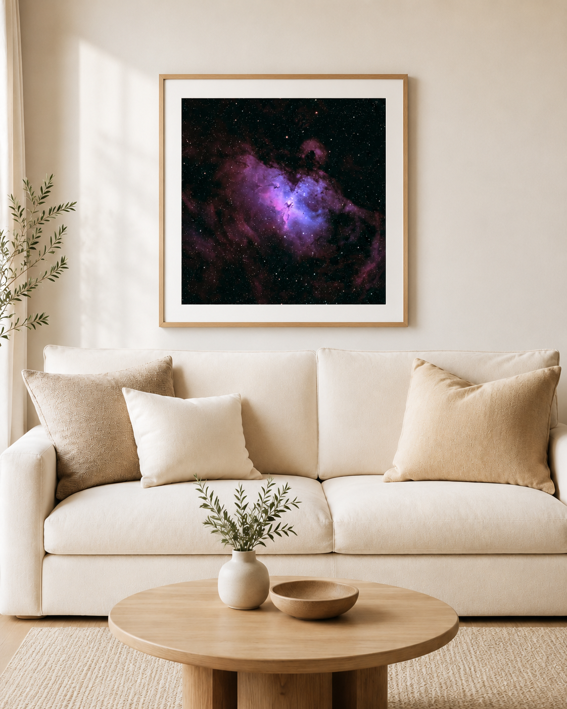 Framed nebula space art print with purple and pink hues hanging above a white linen sofa in a modern living room.